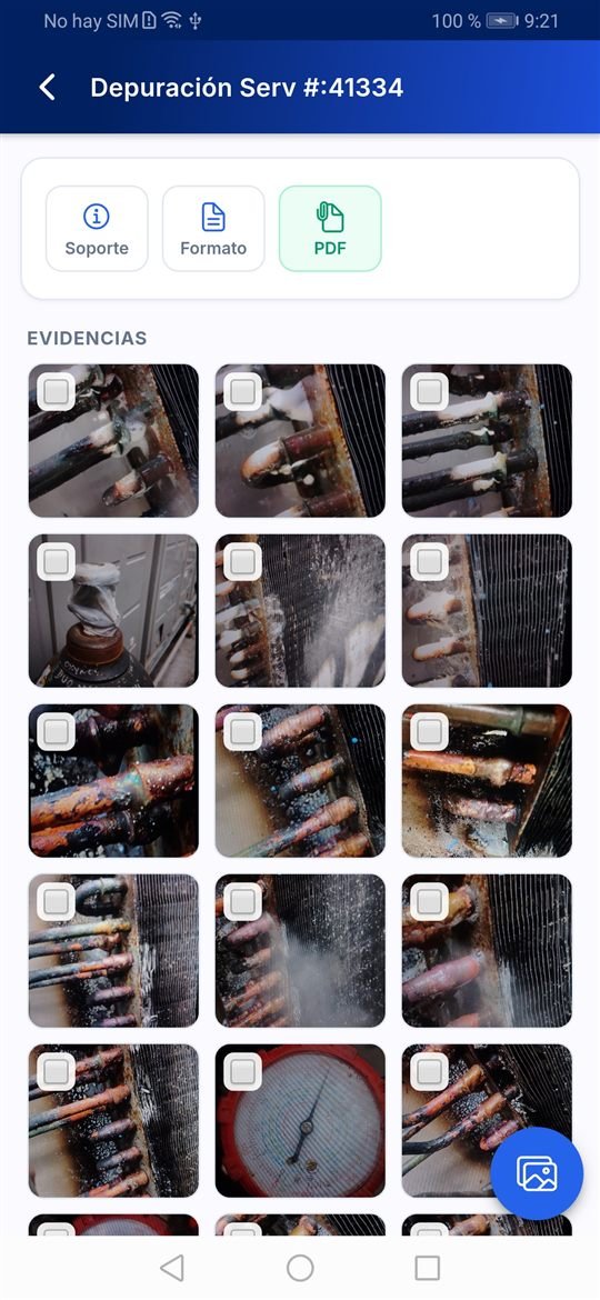Galería de evidencias fotográficas cargadas por el técnico en un servicio