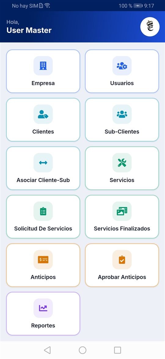 Menú de módulos de la aplicación móvil: clientes, servicios, anticipos y reportes